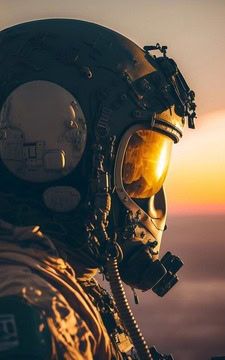 Pilot wearing flight helmet with visor at sunset.
