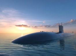 Submarine on the water surface during sunset, showcasing advanced naval technology.