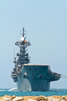 Aircraft carrier with advanced navigation and communication systems.