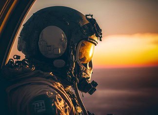 Military pilot wearing advanced helmet during sunset flight.