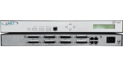 Network switch panel with multiple ports for data connectivity.