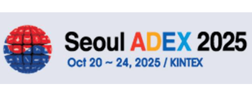 ADEX 2025 Seoul defense exhibition logo with globe icon.